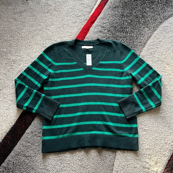 LOFT Green Striped V Neck Pull Over Sweater - Picture 1 of 3